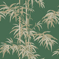 Leon wallpaper by Sandberg, flat swatch of the bamboo design in cream and tan on a deep green ground