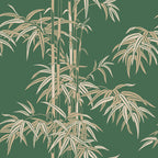 Leon wallpaper by Sandberg, flat swatch of the bamboo design in cream and tan on a deep green ground