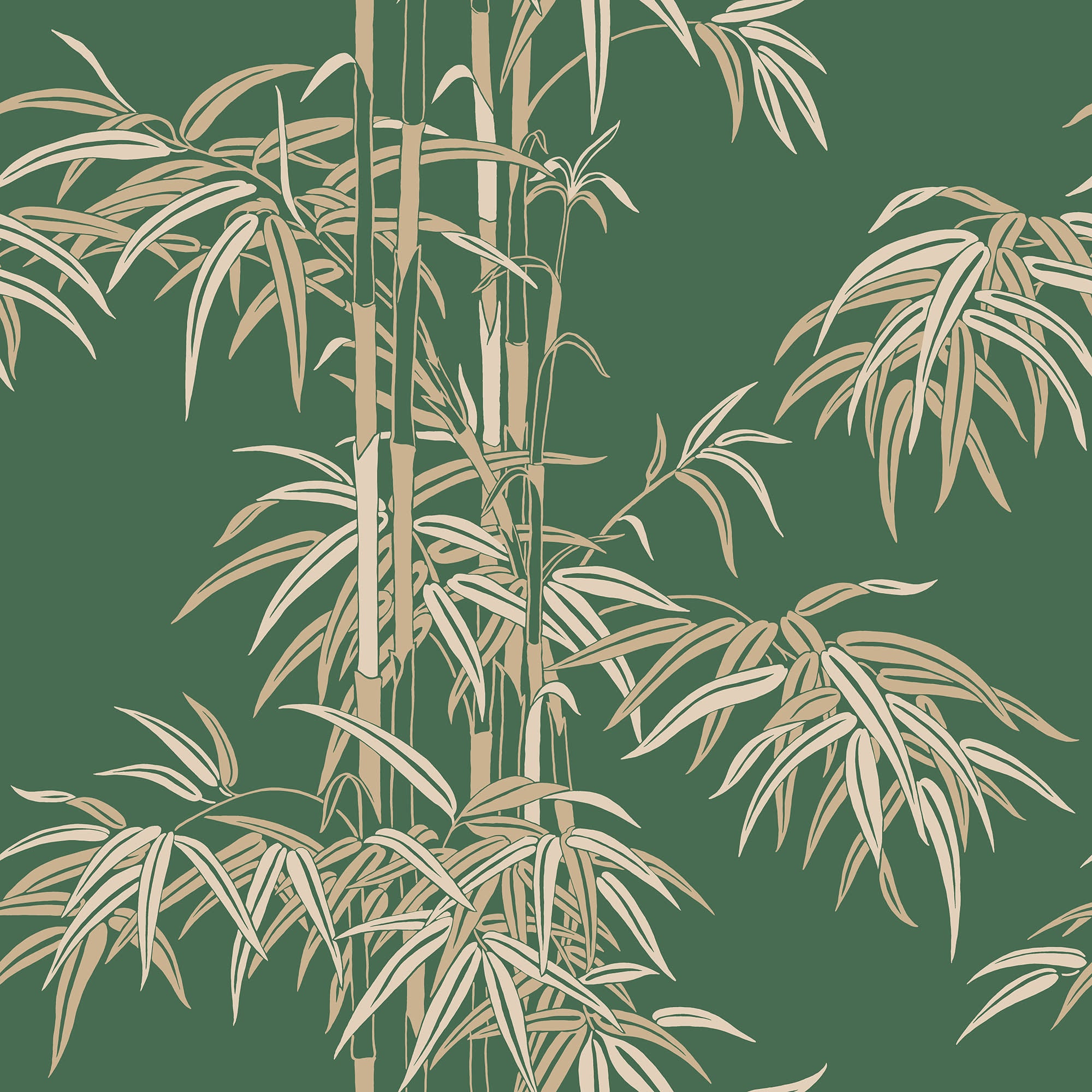 Leon wallpaper by Sandberg, flat swatch of the bamboo design in cream and tan on a deep green ground