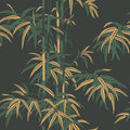 Leon wallpaper by Sandberg, flat swatch of a bamboo grove design in green and gold on a dark charcoal ground