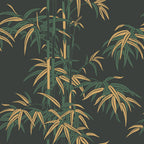 Leon wallpaper by Sandberg, flat swatch of a bamboo grove design in green and gold on a dark charcoal ground