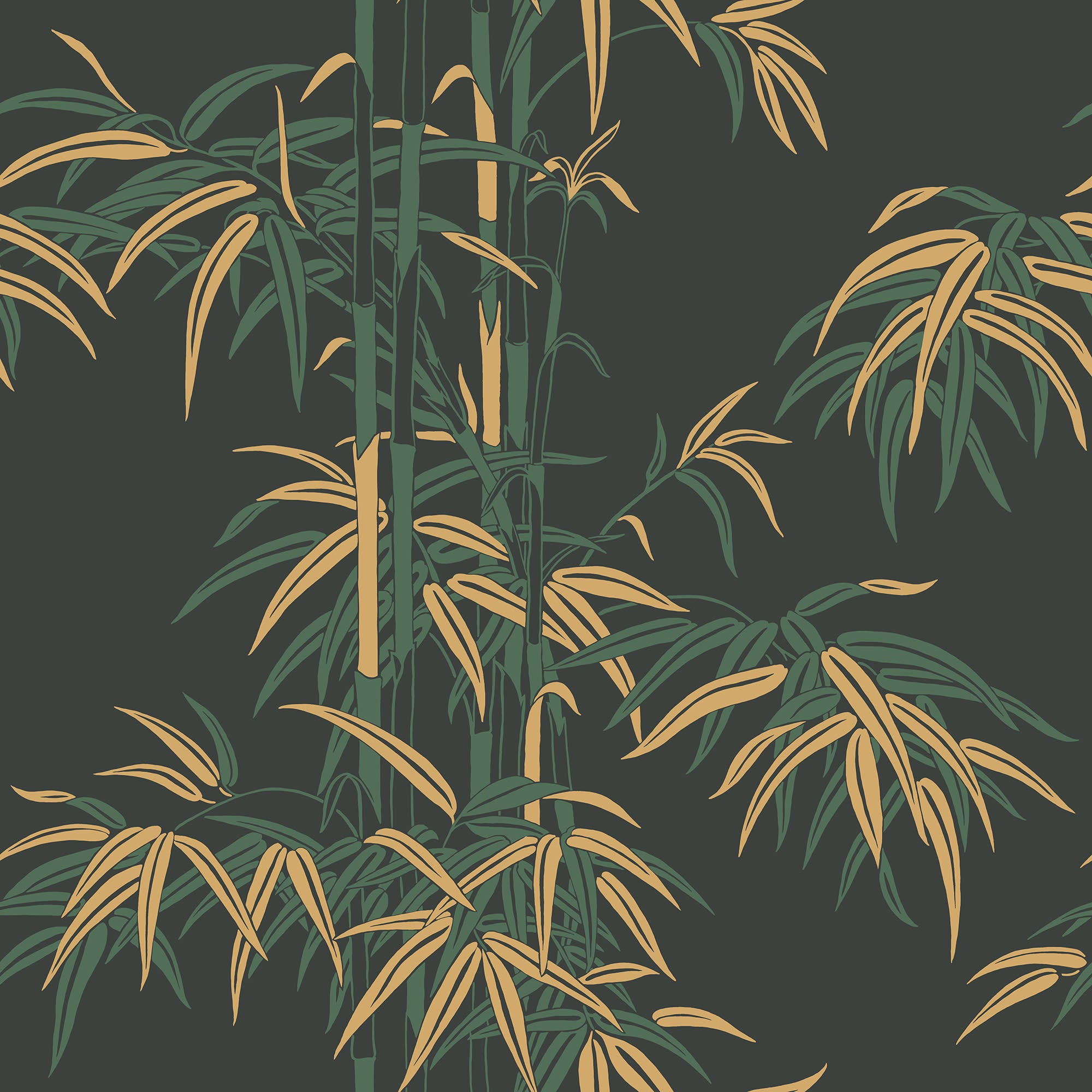 Leon wallpaper by Sandberg, flat swatch of a bamboo grove design in green and gold on a dark charcoal ground