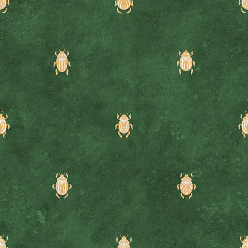 Audrey wallpaper by Sandberg, golden scarab beetle motif on a rich emerald green ground, flat swatch