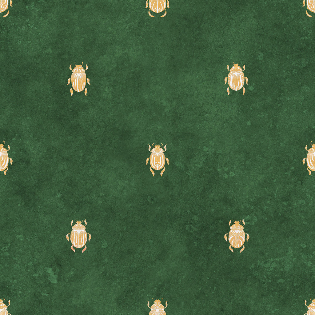 Audrey wallpaper by Sandberg, golden scarab beetle motif on a rich emerald green ground, flat swatch