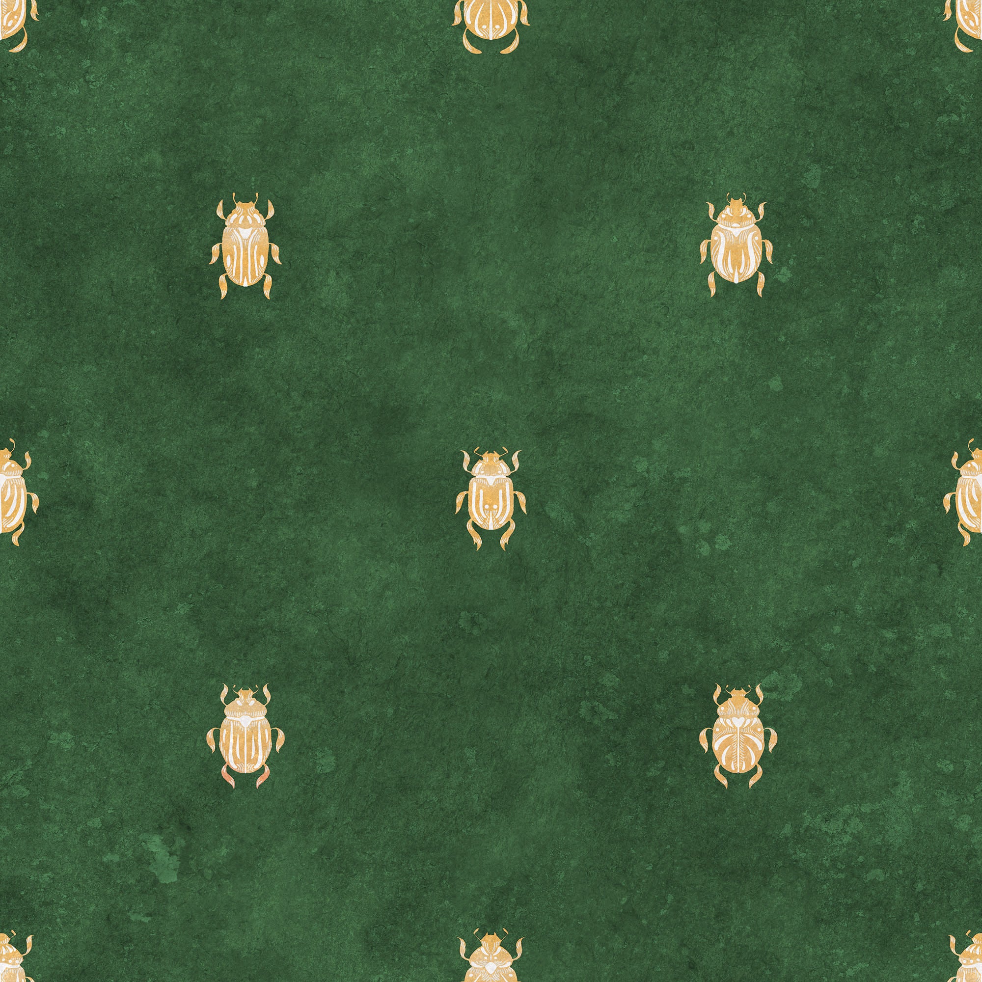 Audrey wallpaper by Sandberg, golden scarab beetle motif on a rich emerald green ground, flat swatch
