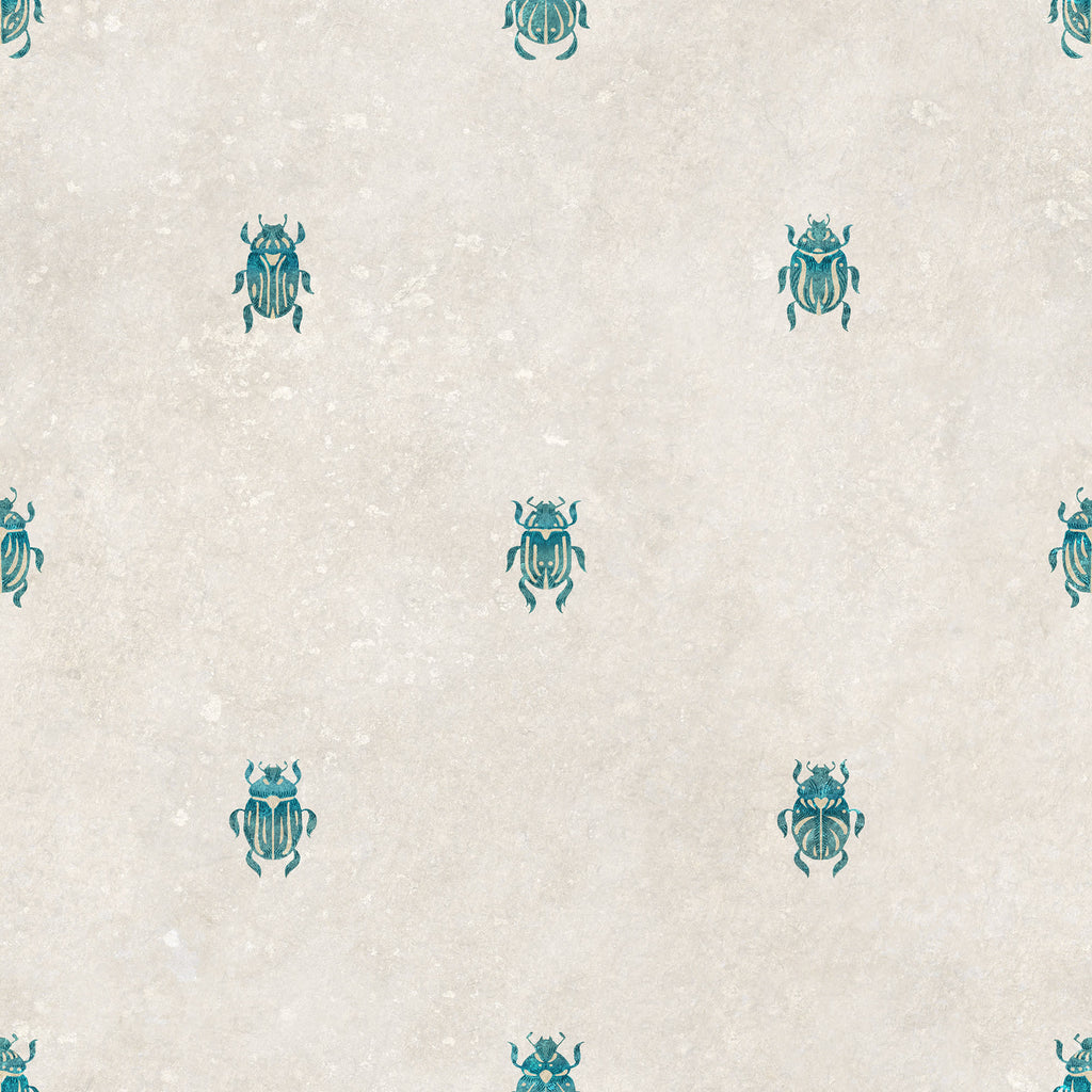 Audrey wallpaper by Sandberg, small teal scarab beetle motif scattered on a mottled cream ground, flat swatch