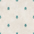Audrey wallpaper by Sandberg, small teal scarab beetle motif scattered on a mottled cream ground, flat swatch
