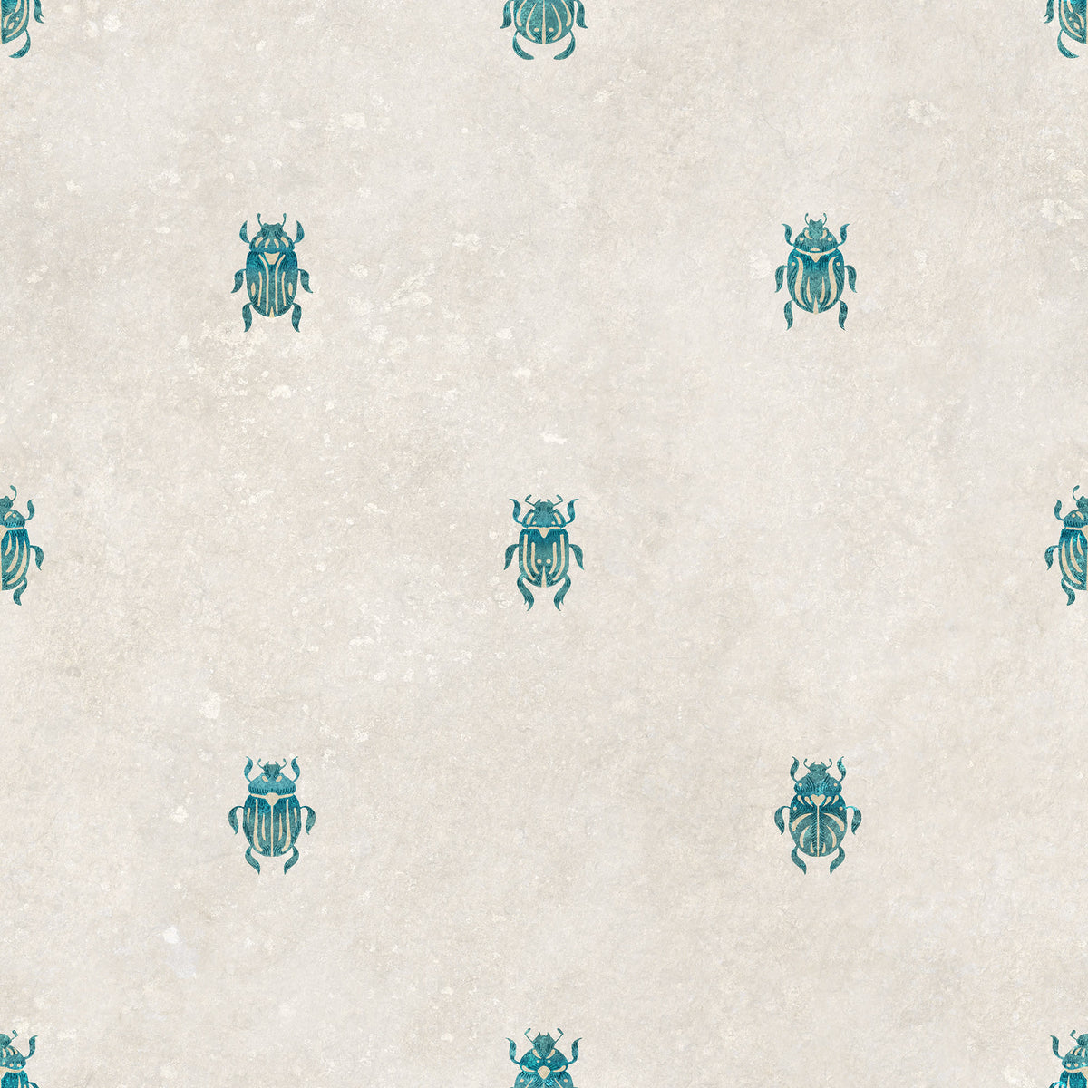 Audrey wallpaper by Sandberg, small teal scarab beetle motif scattered on a mottled cream ground, flat swatch