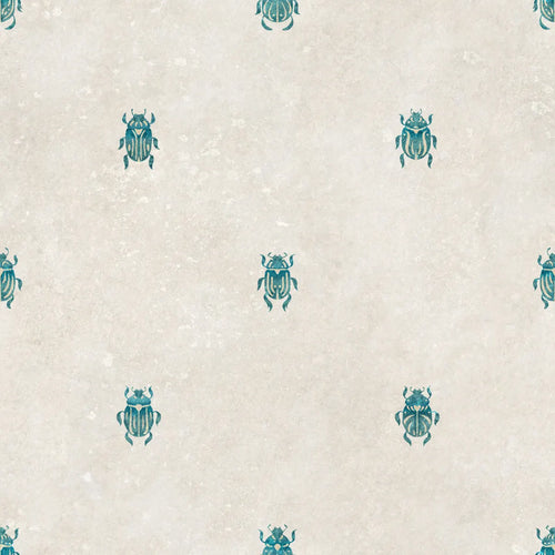 Audrey wallpaper by Sandberg, small teal scarab beetle motif scattered on a mottled cream ground, flat swatch