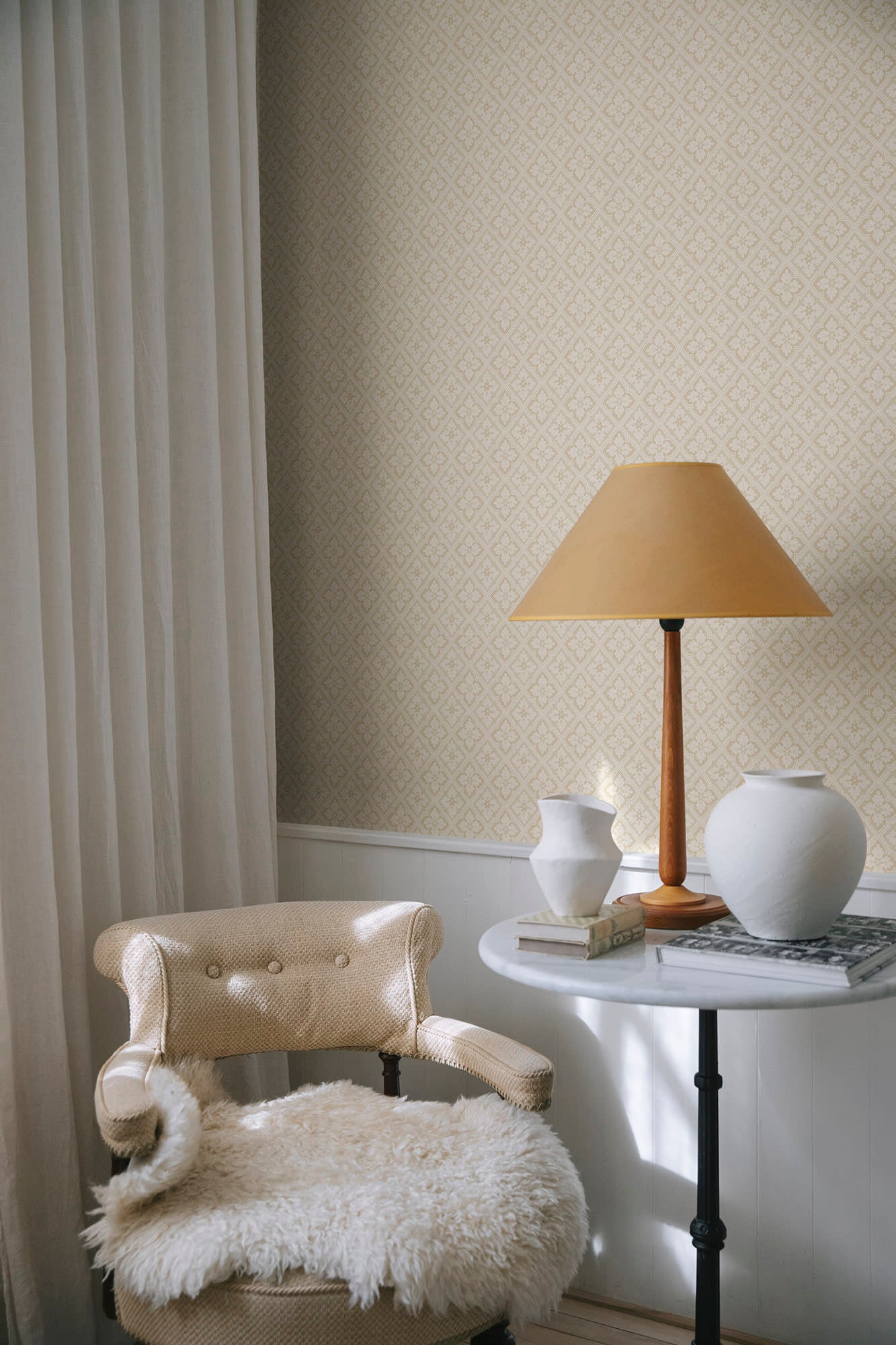 Edvin wallpaper by Sandberg in Sandstone, styled on an interior wall