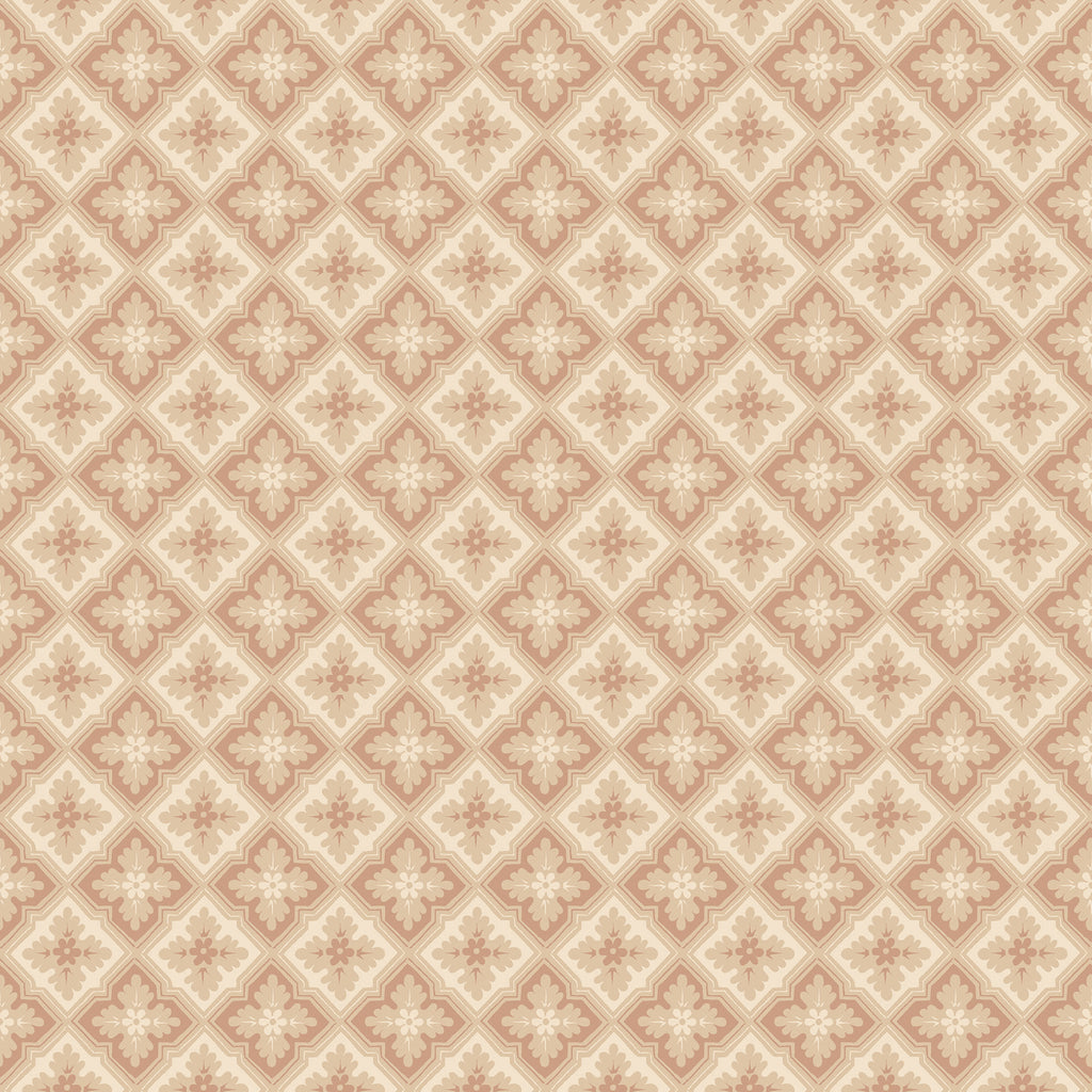 Edvin wallpaper by Sandberg, flat swatch of a terracotta-pink diamond floral lattice on beige