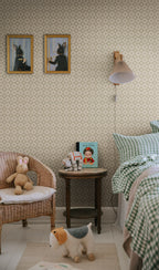 Edvin wallpaper by Sandberg in sage green in a child bedroom with rabbit art and gingham bedding