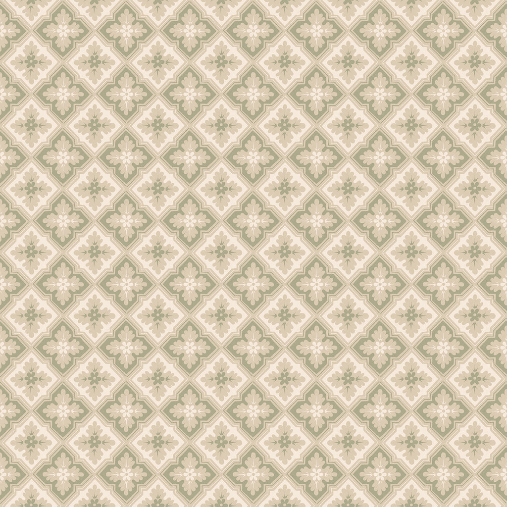 Edvin wallpaper by Sandberg, flat swatch of a sage-green diamond-trellis floral motif on cream
