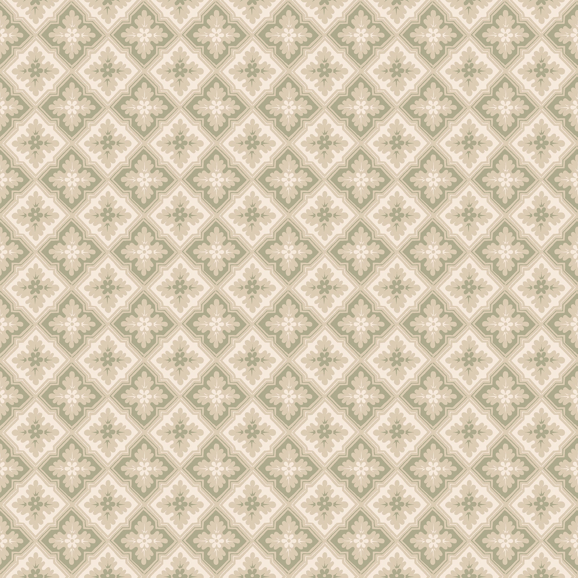 Edvin wallpaper by Sandberg, flat swatch of a sage-green diamond-trellis floral motif on cream