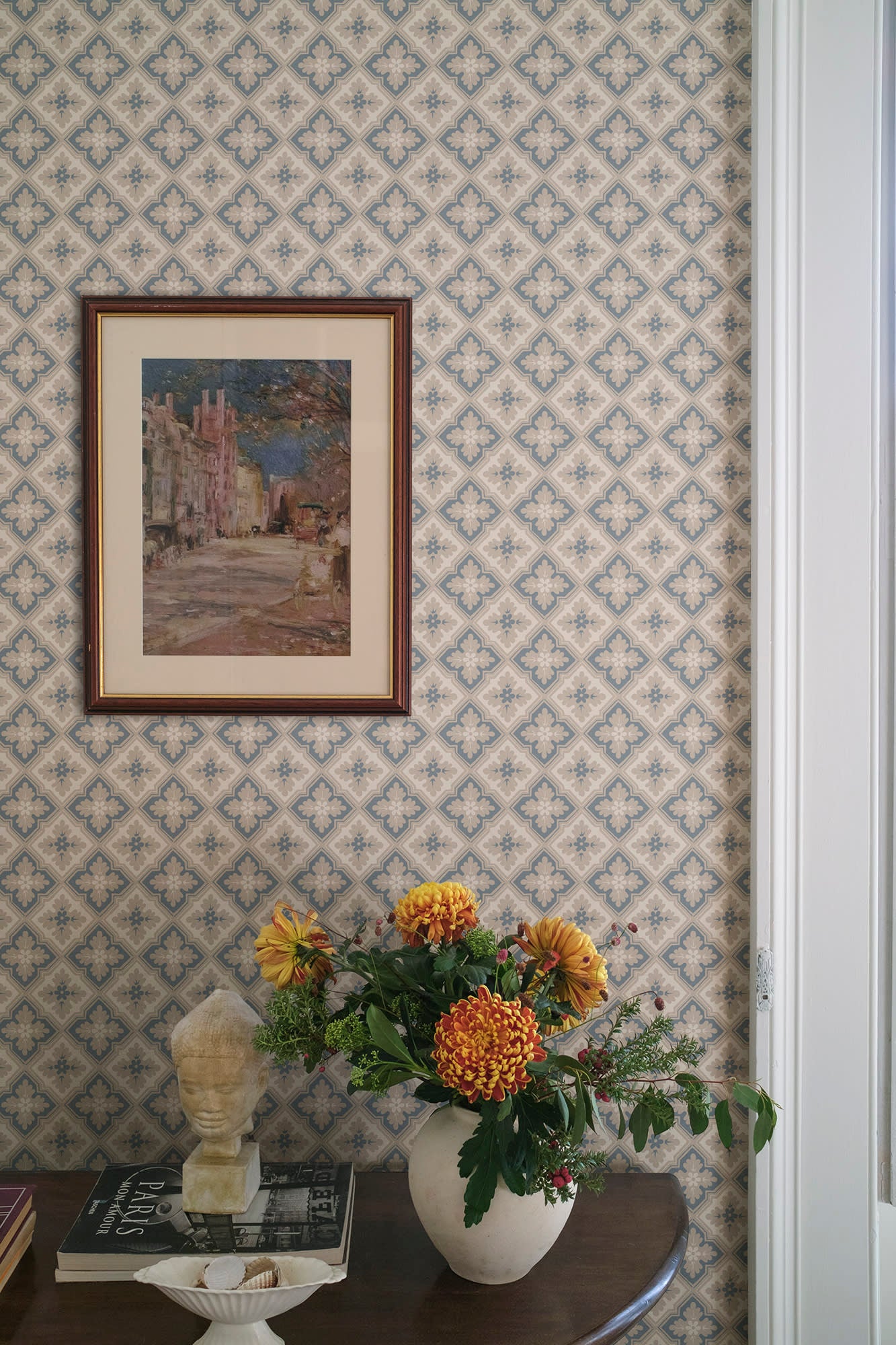 Edvin wallpaper by Sandberg in Indigo Blue, styled on an interior wall