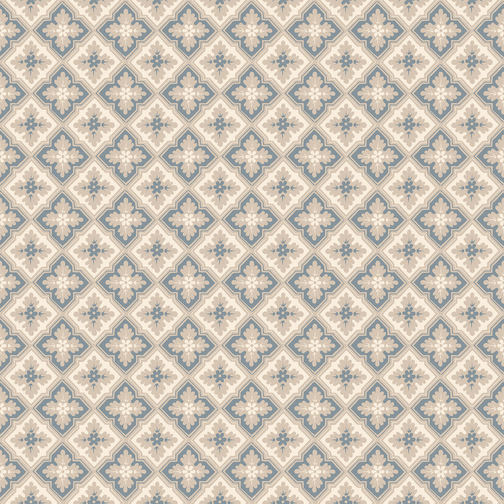 Edvin wallpaper by Sandberg, flat swatch of a soft blue lattice floral pattern on beige