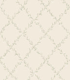 Ewa wallpaper by Sandberg, flat swatch of a green floral trellis vine on cream
