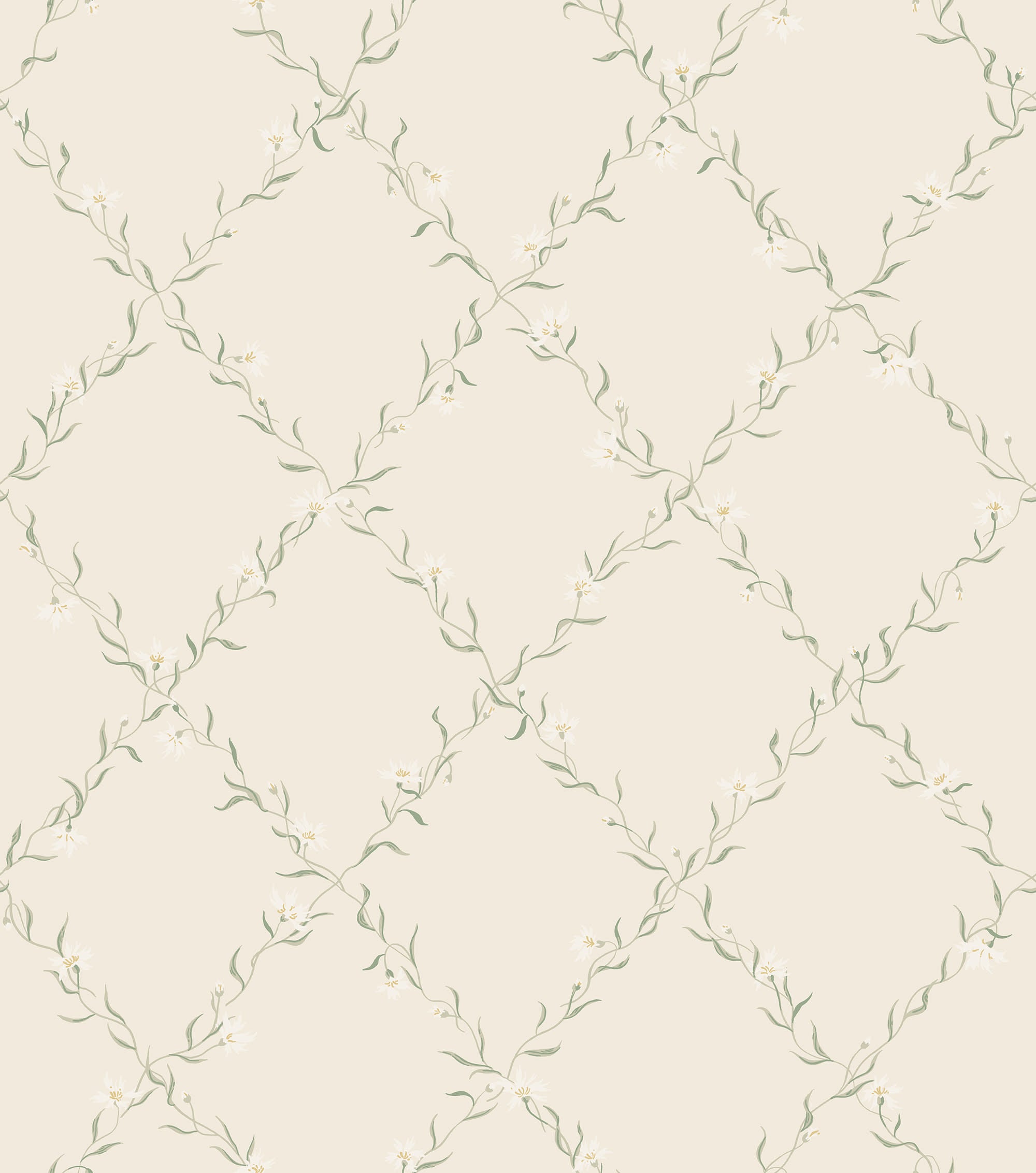 Ewa wallpaper by Sandberg, flat swatch of a green floral trellis vine on cream