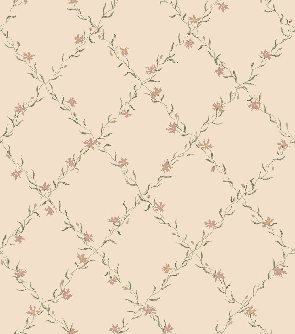 Ewa wallpaper by Sandberg, flat swatch of a pink and green floral trellis on cream
