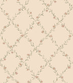 Ewa wallpaper by Sandberg, flat swatch of a pink and green floral trellis on cream