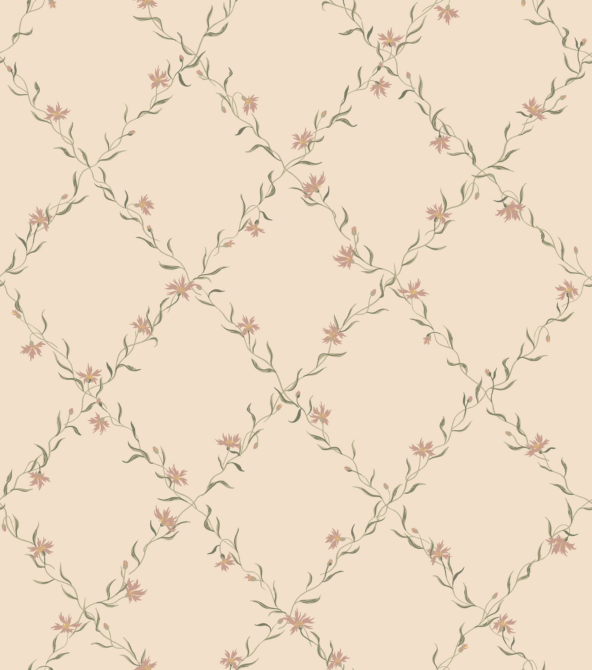 Ewa wallpaper by Sandberg, flat swatch of a pink and green floral trellis on cream