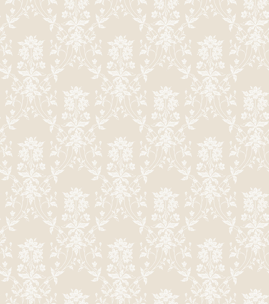 Alva wallpaper by Sandberg, flat swatch of a delicate white floral trellis on soft beige