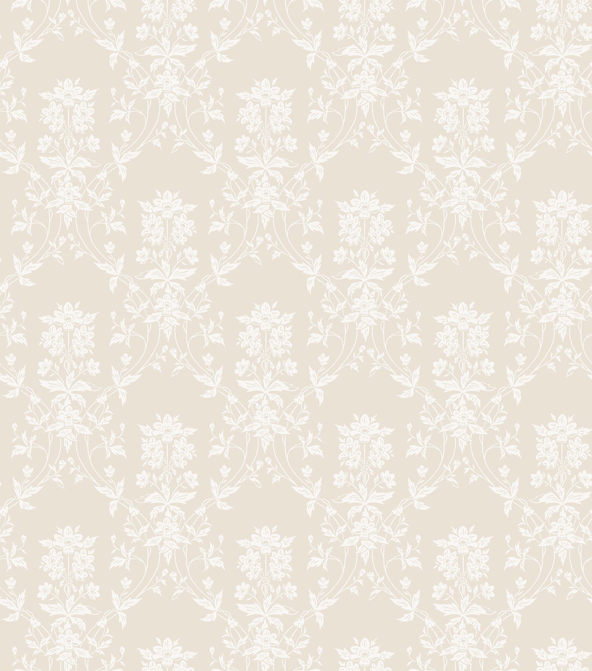 Alva wallpaper by Sandberg, flat swatch of a delicate white floral trellis on soft beige