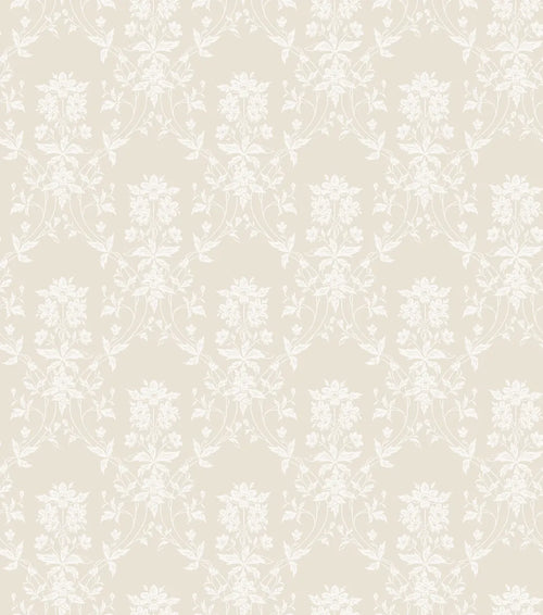 Alva wallpaper by Sandberg, flat swatch of a delicate white floral trellis on soft beige