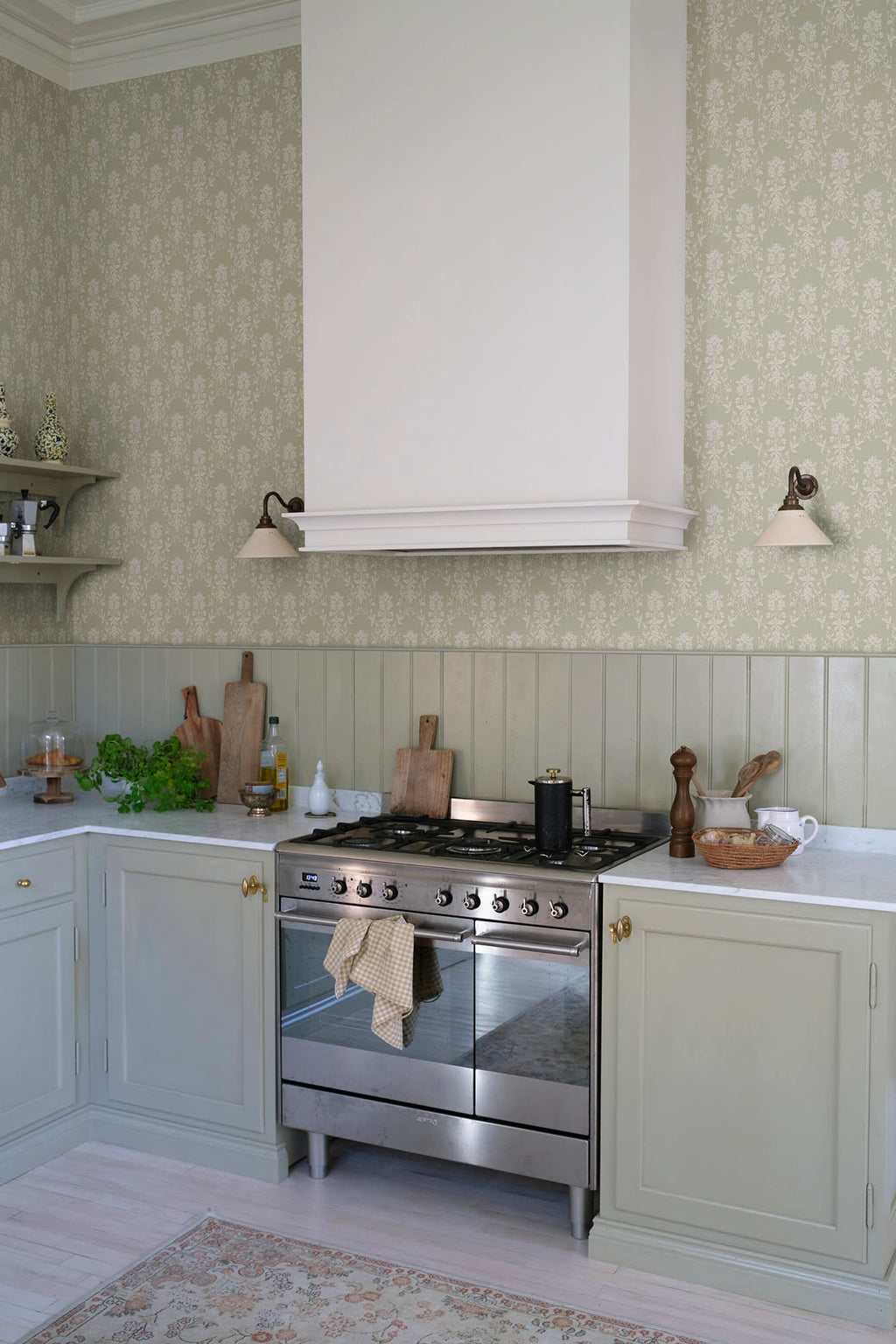 Alva wallpaper by Sandberg in Spring Green, styled on an interior wall