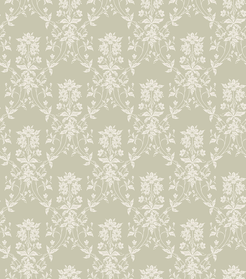 Alva wallpaper by Sandberg, flat swatch of a white floral trellis on sage green