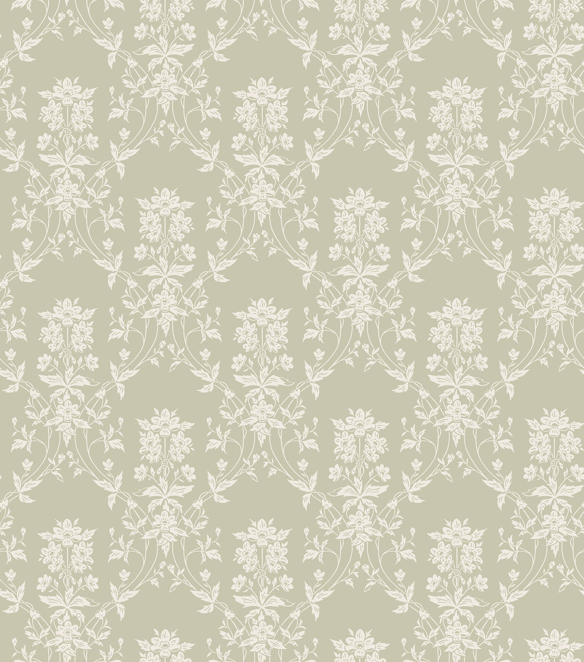 Alva wallpaper by Sandberg, flat swatch of a white floral trellis on sage green