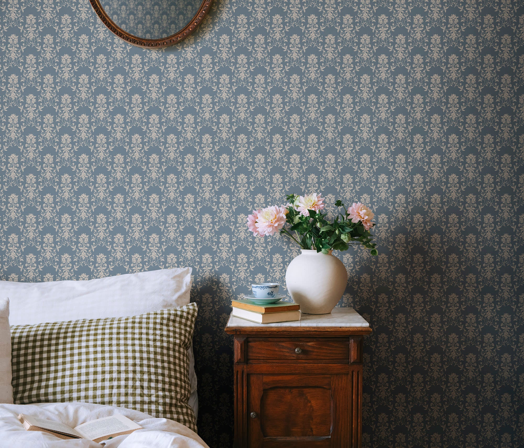 Alva wallpaper by Sandberg in Indigo Blue, styled on an interior wall