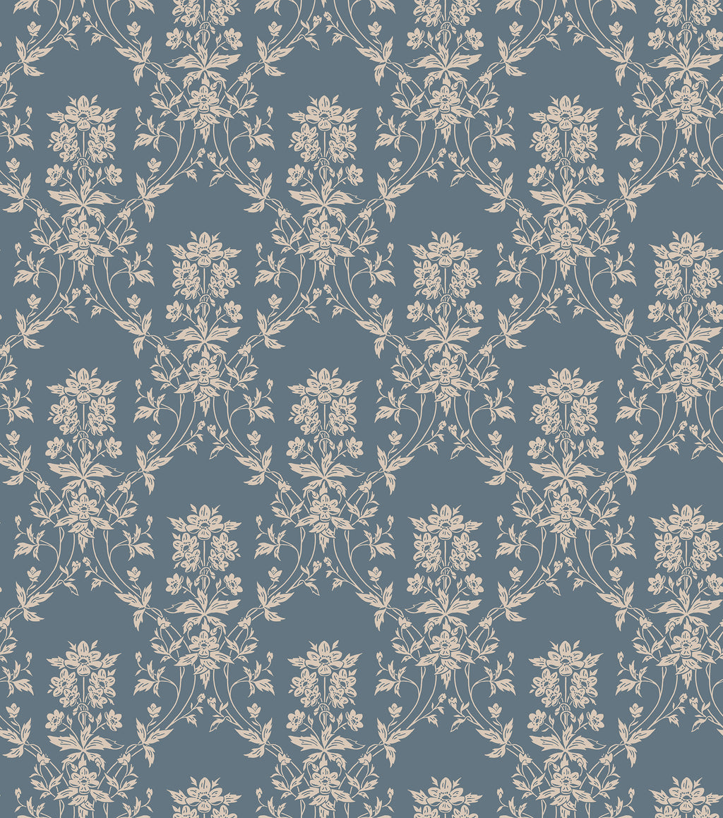 Alva wallpaper by Sandberg, flat swatch of a beige floral trellis on slate blue