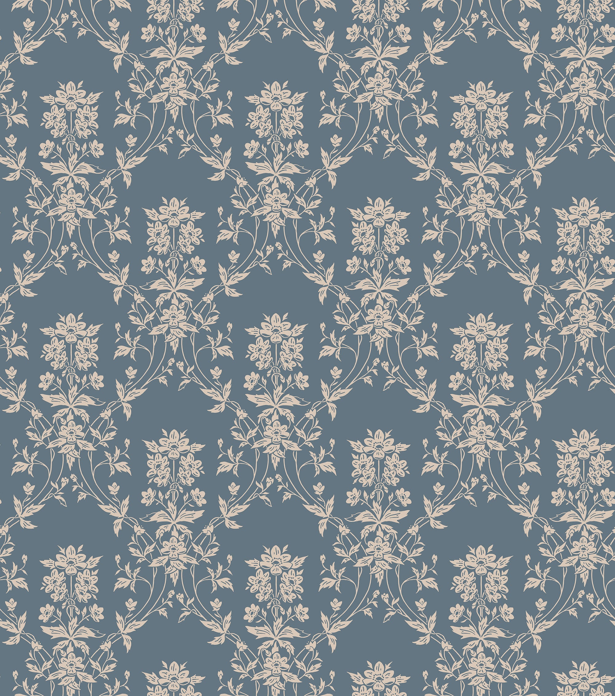 Alva wallpaper by Sandberg, flat swatch of a beige floral trellis on slate blue