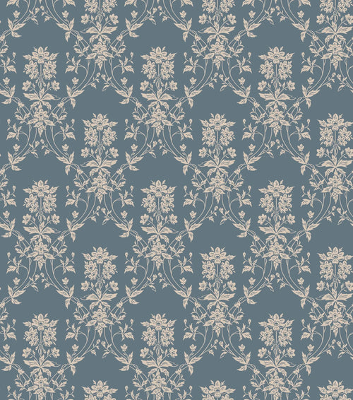 Alva wallpaper by Sandberg, flat swatch of a beige floral trellis on slate blue