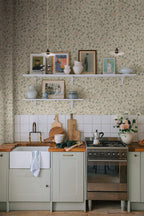 Solliden wallpaper by Sandberg in Spring Green, styled on an interior wall