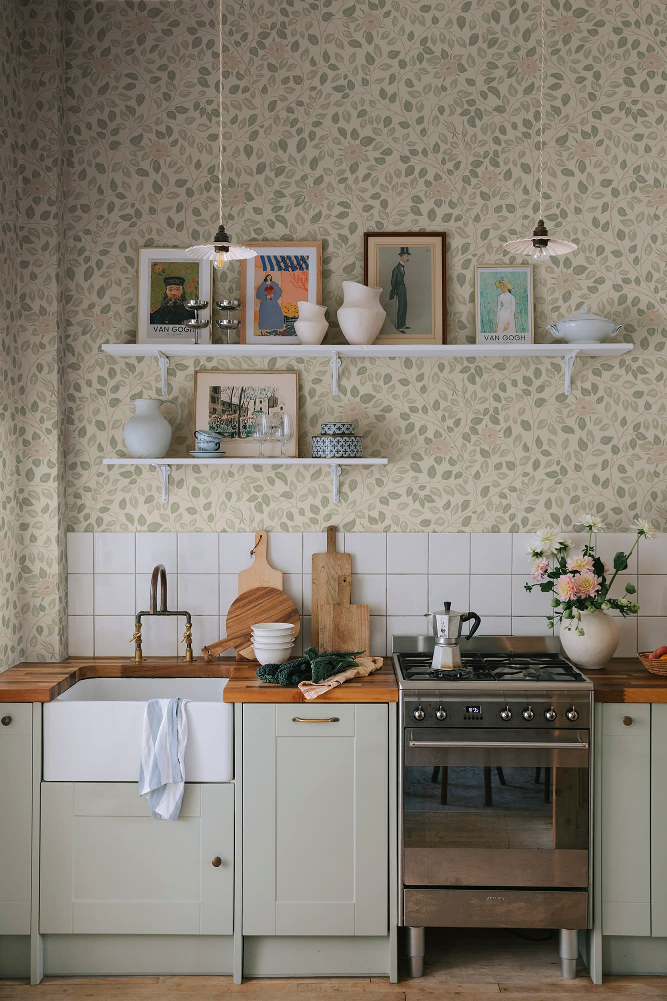 Solliden wallpaper by Sandberg in Spring Green, styled on an interior wall