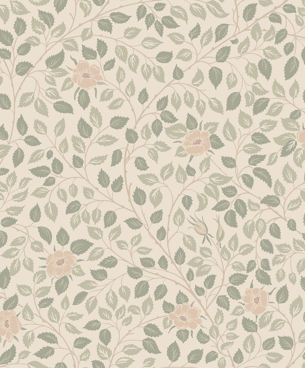 Solliden wallpaper by Sandberg, flat swatch of sage leaves and pale blush roses on a soft cream ground