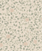 Solliden wallpaper by Sandberg, flat swatch of sage leaves and pale blush roses on a soft cream ground