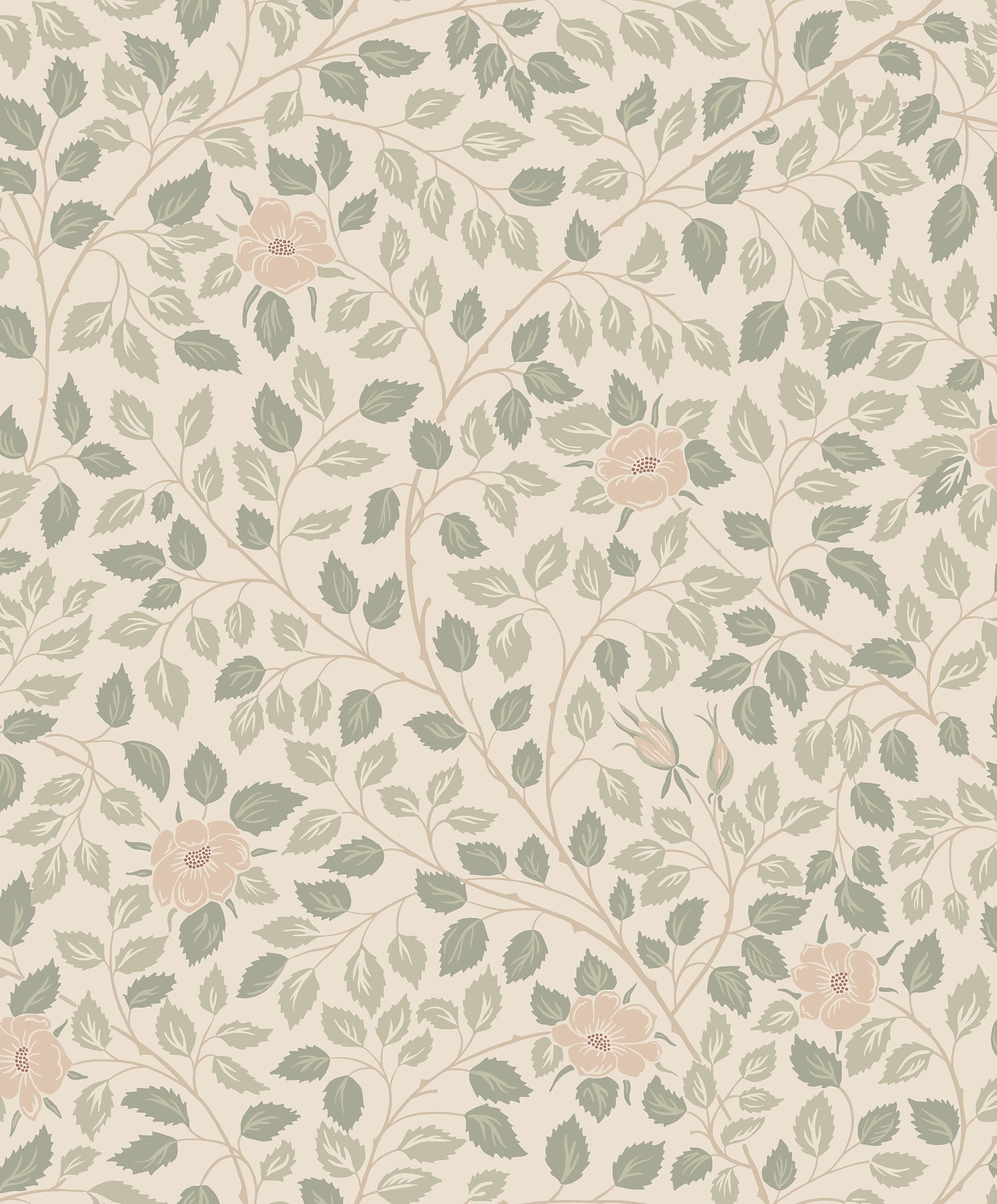 Solliden wallpaper by Sandberg, flat swatch of sage leaves and pale blush roses on a soft cream ground