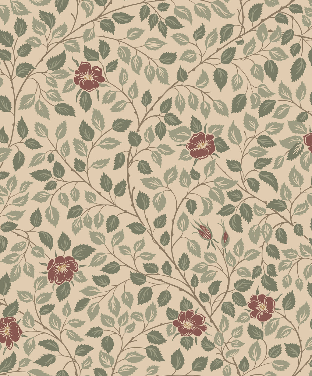 Solliden wallpaper by Sandberg, flat swatch of leafy vines with green foliage and deep red roses on warm sand