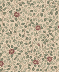 Solliden wallpaper by Sandberg, flat swatch of leafy vines with green foliage and deep red roses on warm sand