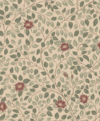 Solliden wallpaper by Sandberg, flat swatch of leafy vines with green foliage and deep red roses on warm sand