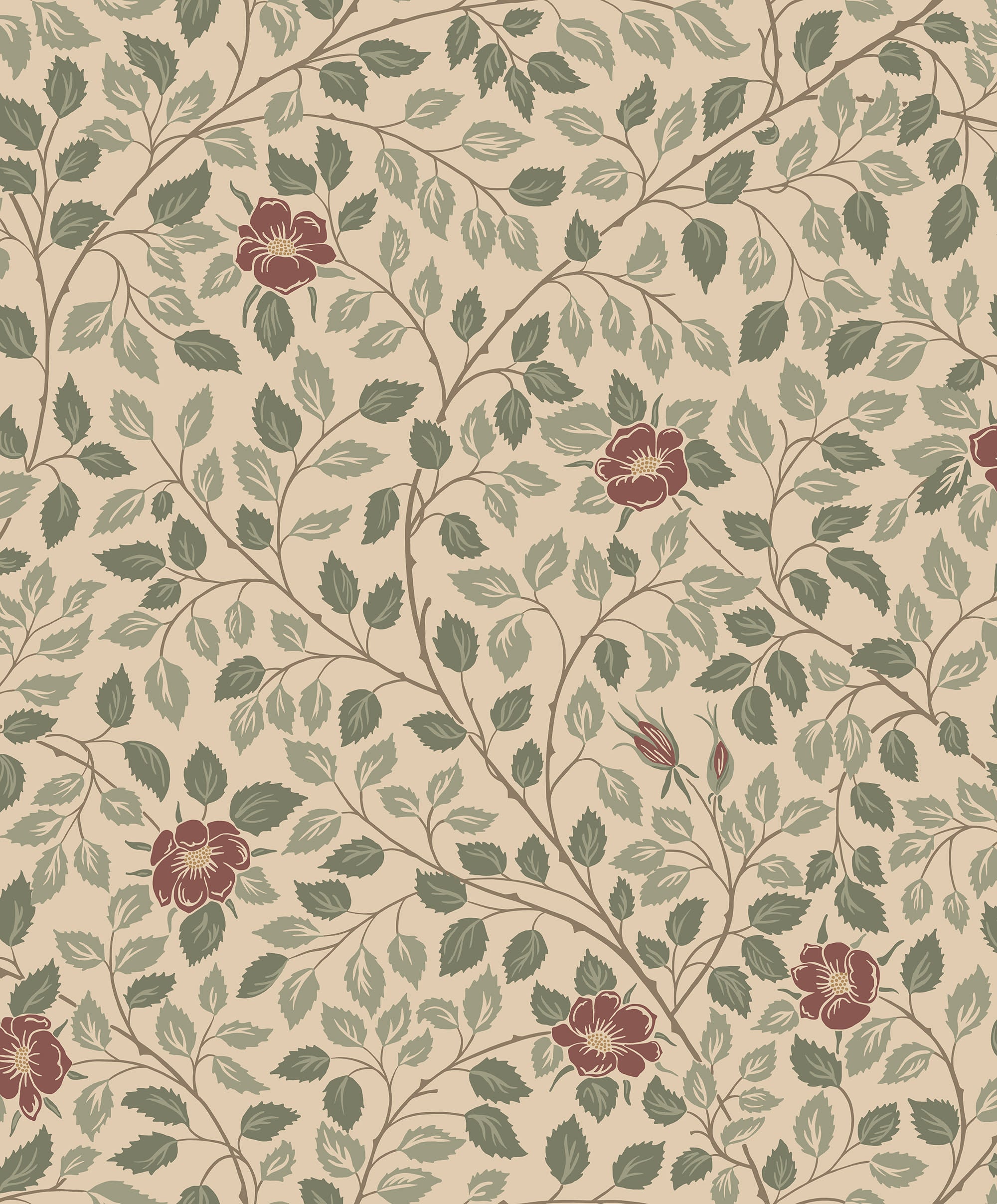 Solliden wallpaper by Sandberg, flat swatch of leafy vines with green foliage and deep red roses on warm sand