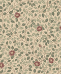 Solliden wallpaper by Sandberg, flat swatch of leafy vines with green foliage and deep red roses on warm sand