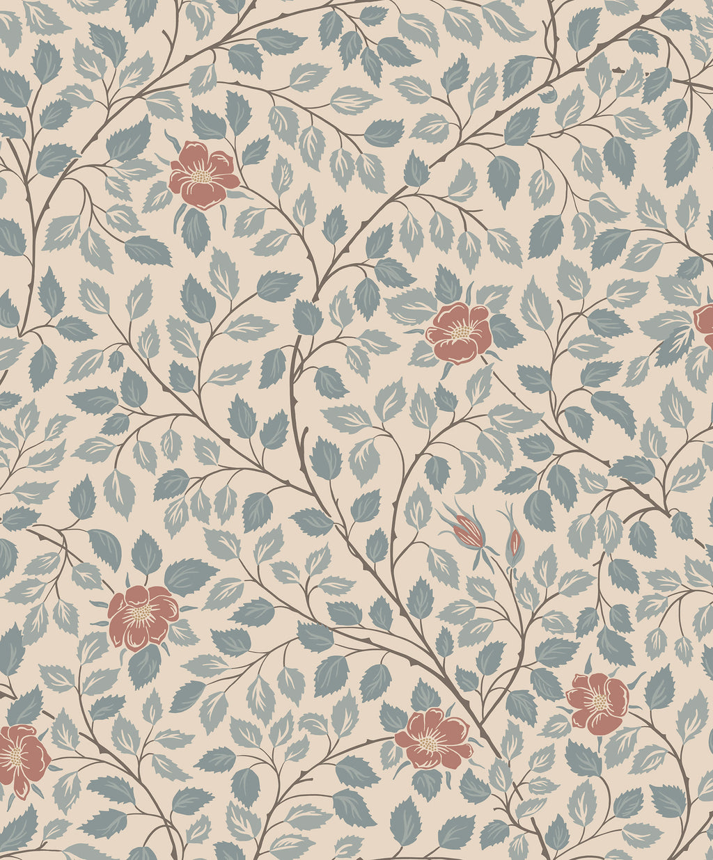 Solliden wallpaper by Sandberg, flat swatch of trailing leaves and dog-rose blooms in dusty teal with terracotta flowers on beige