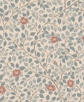 Solliden wallpaper by Sandberg, flat swatch of trailing leaves and dog-rose blooms in dusty teal with terracotta flowers on beige