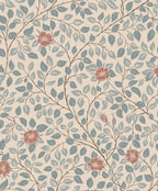 Solliden wallpaper by Sandberg, flat swatch of trailing leaves and dog-rose blooms in dusty teal with terracotta flowers on beige