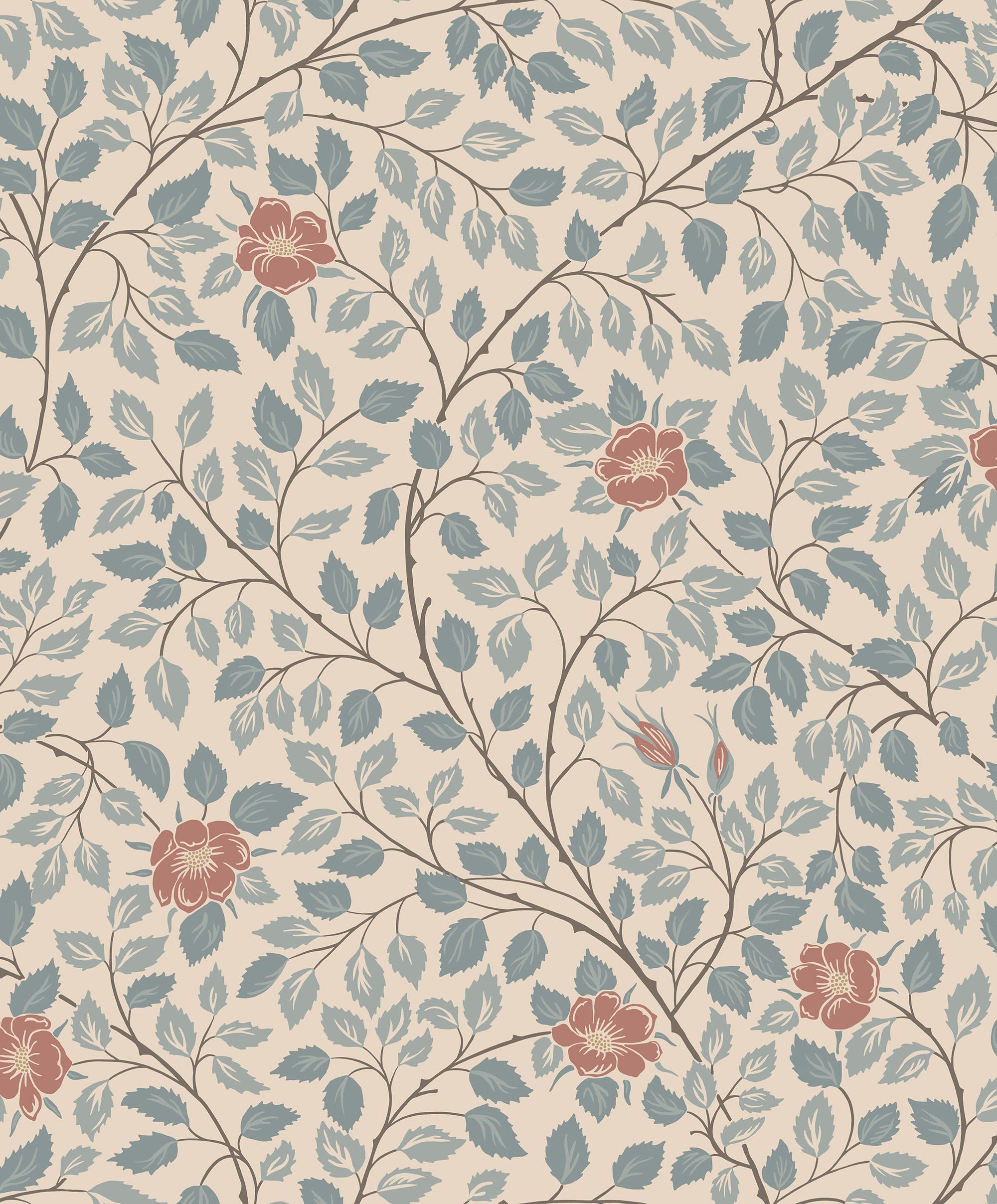 Solliden wallpaper by Sandberg, flat swatch of trailing leaves and dog-rose blooms in dusty teal with terracotta flowers on beige