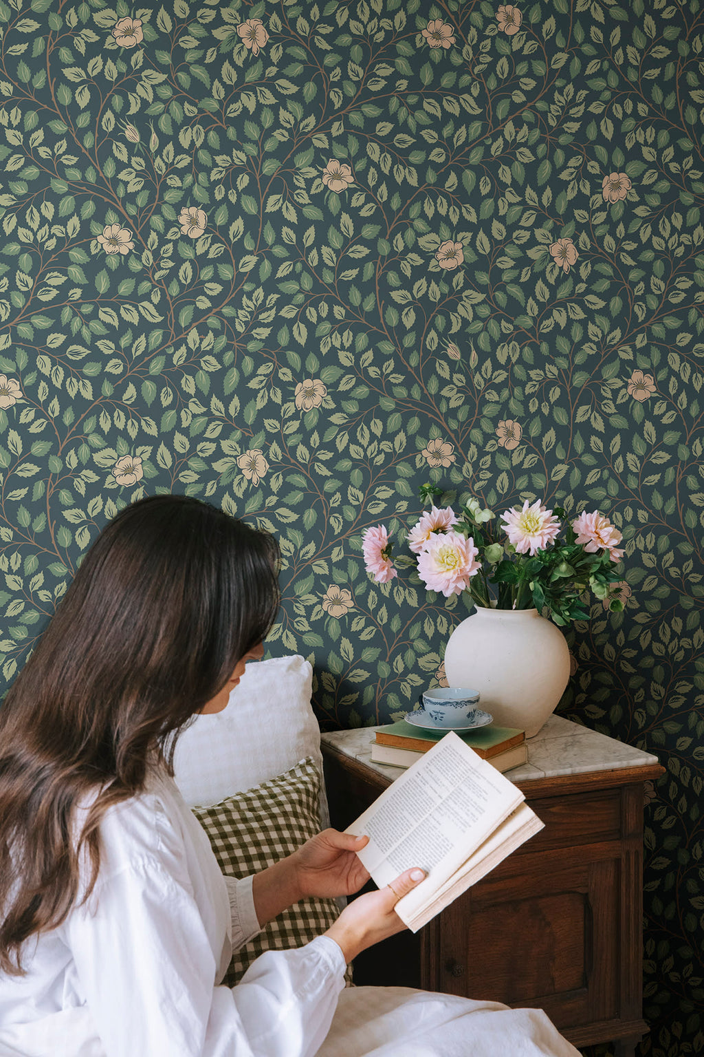 Solliden wallpaper by Sandberg in Midnight Blue, styled on an interior wall